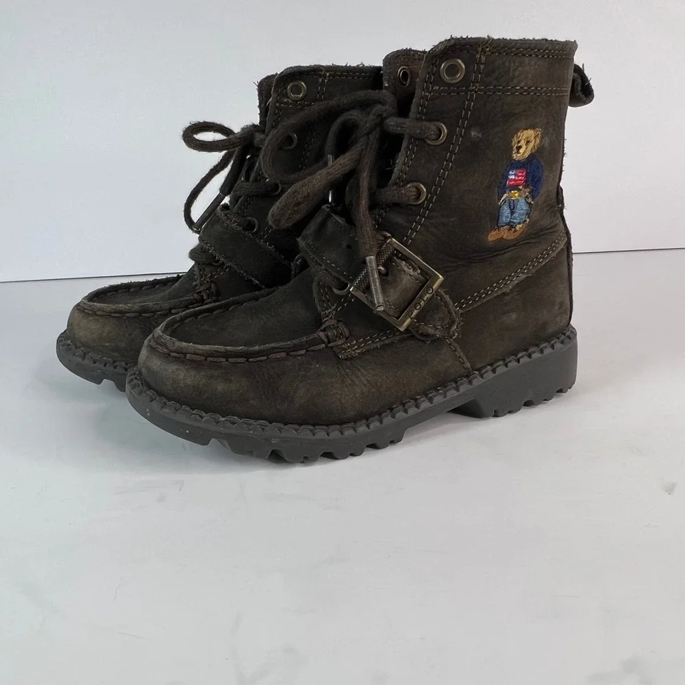 Kids Polo Ralph Lauren Ranger High Brown Leather Bear Embroidery Boots‎ Size 8.5